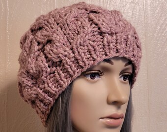 Chunky Knit Beret, Oversized Beanie, French Beret, Boho Hand Knitted Hat, Slouchy Beanie, Dusty Rose Tweed, Ready to ship