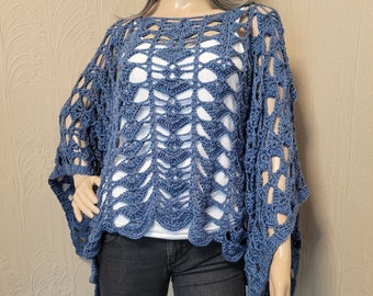 Boho Poncho, Summer Poncho, Lacy Slouchy Top, Summer Cover Up Top, Crochet Poncho, Lacy Wrap, Blue Wrap