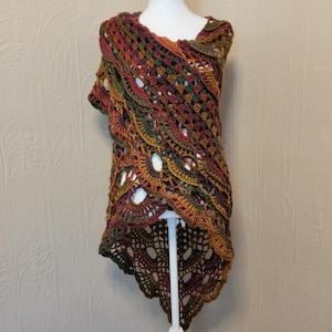 Boho Shawl Handmade Crochet Triangle Shawl Wrap &quot;Autumn&quot; Orange Yellow Green Burgundy Terracotta Ready to Ship
