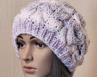 Chunky Knit Beret, Oversized Beanie, French Beret, Boho Hand Knitted Hat, Slouchy Beanie, Lilac White Gray Ombre, Ready to ship