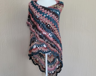 Boho Shawl Handmade Crochet Triangle Shawl Wrap "Coral Reef" Ready to Ship