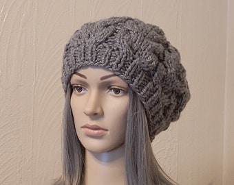 Chunky Knit Beret, Oversized Beanie, French Beret, Boho Hand Knitted Hat, Slouchy Beanie, Grey, Ready to ship