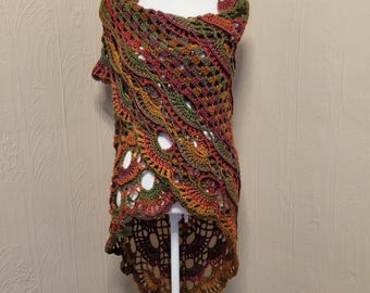 Boho Shawl Handmade Crochet Triangle Shawl Wrap "Autumn" Orange Yellow Green Burgundy Terracotta