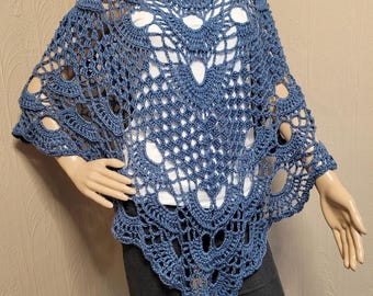 Boho Poncho, Crochet Lacy Poncho, Women's Summer Coverup, Summer Cape, Denim Blue Poncho, Bohemian Style Poncho