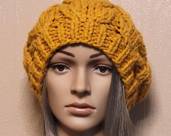 Wool Chunky Knit Beret, Oversized Beanie, French Beret, Cable Knit Hat, Slouchy Beanie, Yellow Mustard