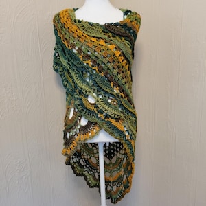 Boho Shawl Handmade Crochet Triangle Shawl Wrap Green Brown Gold Ready to Ship