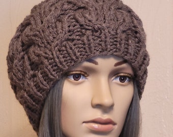 Chunky Wool Knit Beret, Oversized Beanie, French Beret, Boho Hand Knitted Hat, Slouchy Beanie, Vintage Grey, Ready to ship