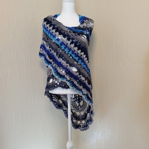 Boho Shawl Handmade Crochet Triangle Shawl Wrap Indigo Blue Gray Sky Blue Ready to Ship