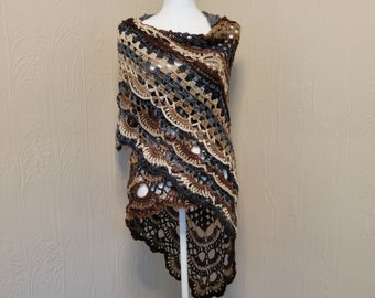 Boho Shawl Handmade Crochet Triangle Shawl Wrap Dark Brown Grey Tan Ready to Ship