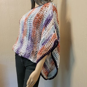 Boho Crochet Mesh Slouchy Top Poncho Blouse Net Crop Top Summer Cotton Top Voyage Outfit Purple White Orange Brown Mint Green