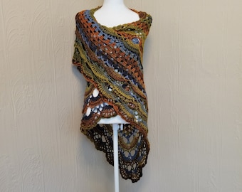 Boho Schal Handmade häkeln Dreieck Schal Wrap Braun Blau Orange Grün Versandfertig