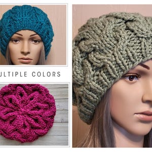 May include: Three knitted hats in different colors: teal, green, and pink. The hats have a cable knit pattern and are shown on mannequins.