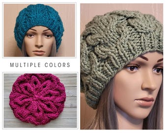 Chunky Knit Beret, Oversized Beanie, French Beret, Boho Hand Knitted Hat, Slouchy Beanie, Cable Knit Hat