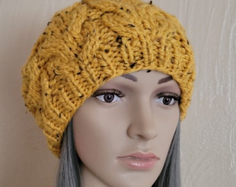 Chunky Knit Beret, Oversized Beanie, French Beret, Boho Hand Knitted Hat, Slouchy Beanie, Mustard Tweed , Ready to ship