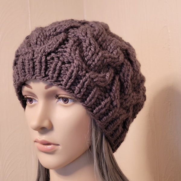 Chunky Knit Beret, Oversized Beanie, French Beret, Boho Hand Knitted Hat, Slouchy Beanie, Charcoal Grey, Ready to ship