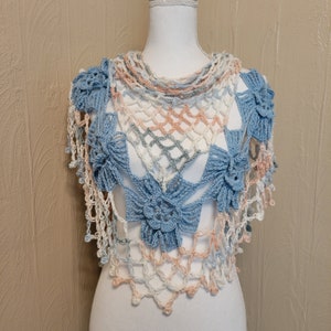 Lacy Shawl &quot;Flowers&quot; Handmade Crochet Triangle Shawl Wrap Bohemian Boho Wedding Shawl Blue Peach White Gray