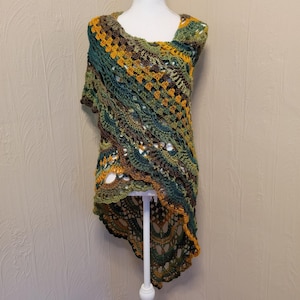 Boho Shawl Handmade Crochet Triangle Shawl Wrap Green Brown Gold Ready to Ship