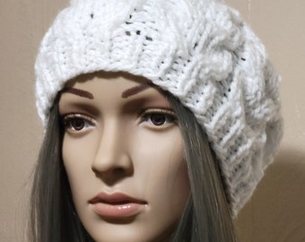 Chunky Knit Beret, Oversized Beanie, French Beret, Boho Hand Knitted Hat, Slouchy Beanie, White, Ready to ship