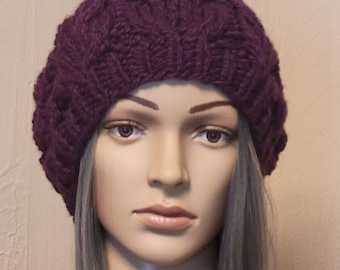 Chunky Knit Beret, Oversized Beanie, French Beret, Boho Hand Knitted Hat, Slouchy Beanie, Purple, Ready to ship
