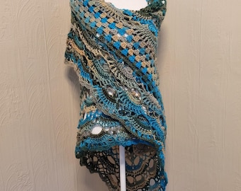 Boho Shawl Handmade Crochet Triangle Shawl Wrap Green Teal Tan Ready to Ship