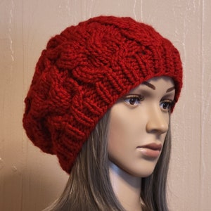 Chunky Knit Beret, Oversized Beanie, French Beret, Boho Hand Knitted Hat, Slouchy Beanie, Red, Ready to ship