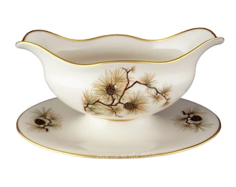 Lenox China PINE (Cone)  W331 Gravy Sauce Boat w/ Attached Liner Awesome Cond