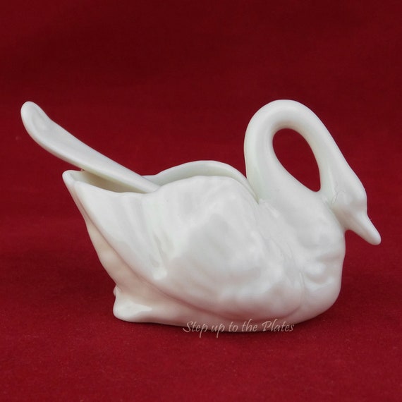 Lenox China Vintage Swan Open Salt Cellar & Spoon Paddle Foot Blue Green Mark