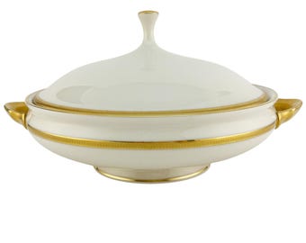 Lenox China Vintage TUXEDO Gold Round Covered Vegetable Serving Bowl Dish Casserole J33