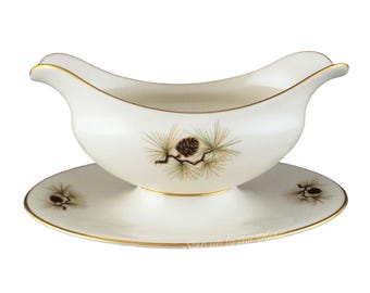 Lenox China PINE (Cone) W331 Gravy Sauce Boat w/ Attached Liner No Use Awesome!