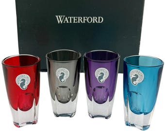 From 2005 Waterford Crystal ECLIPSE Shot Glasses Red Smoke Amethyst Blue Modern & Sleek Ireland Made