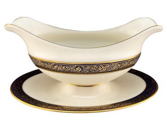 Lenox China BARCLAY Gravy Sauce Boat w/ Underplate Cobalt Blue & Gold 1st Quality