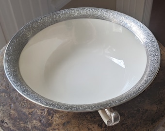 Lenox China Large Sterling Silver Encrusted Round Berry BOWL Serving w/ 2 Handles Antique