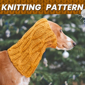 May include: A mustard yellow knitted dog neck warmer with a cable knit pattern. The neck warmer is on a dog with brown fur.