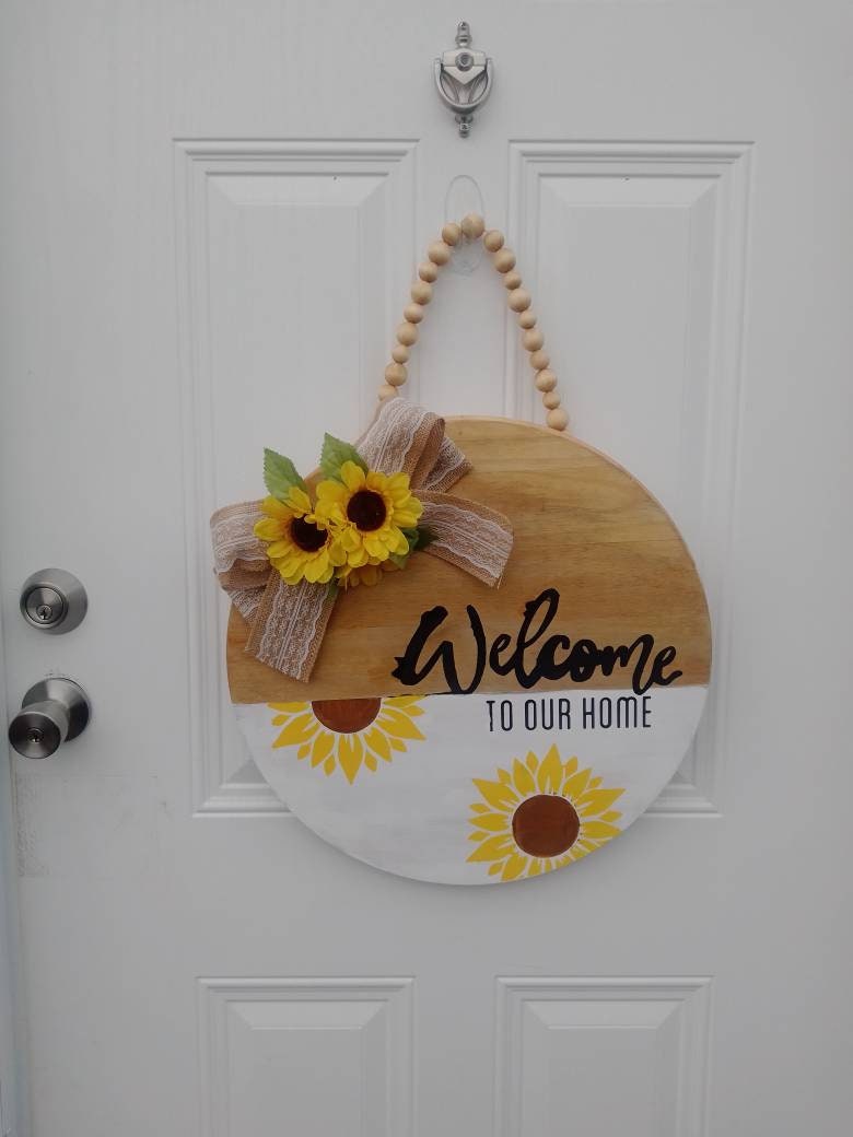 Circular Sunflower Wooden Door Hanger Etsy