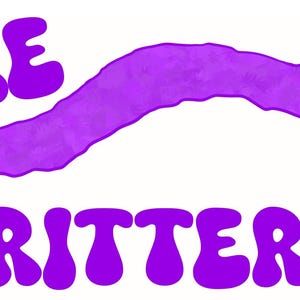 May include: A white background with the phrase "I BRAKE FOR CRITTERS" in purple bubble letters. A purple worm-like creature is arched across the center of the image, adding a whimsical touch to the design.