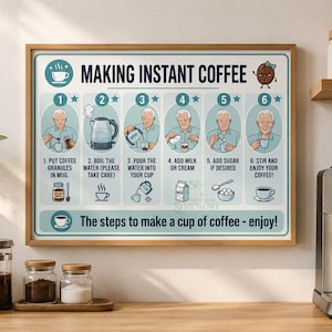 Könnte beinhalten: Ein rechteckiges Wandposter mit dem Titel MAKING INSTANT COFFEE, das sechs nummerierte Schritte mit einer Person, Symbolen und Textanweisungen zeigt. Das Design hat einen hellblauen Hintergrund, dunkelblauen Text und eine kleine Comic-Kaffeebohnenfigur.