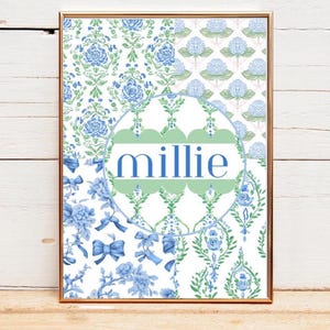 Custom Monogram Chinoiserie Art /Girly Dorm Print/ Personalized Grand Millennial/ coquette Floral Monogram Pink/nursery decor/baby gift