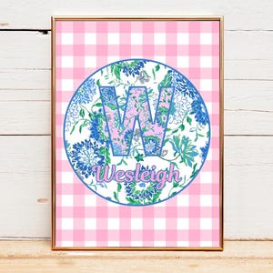 Physical Print/Custom Monogram Pink Gingham /Girly Dorm Print/girly art Print/ coquette/ pink and blue art/nursery decor/baby gift