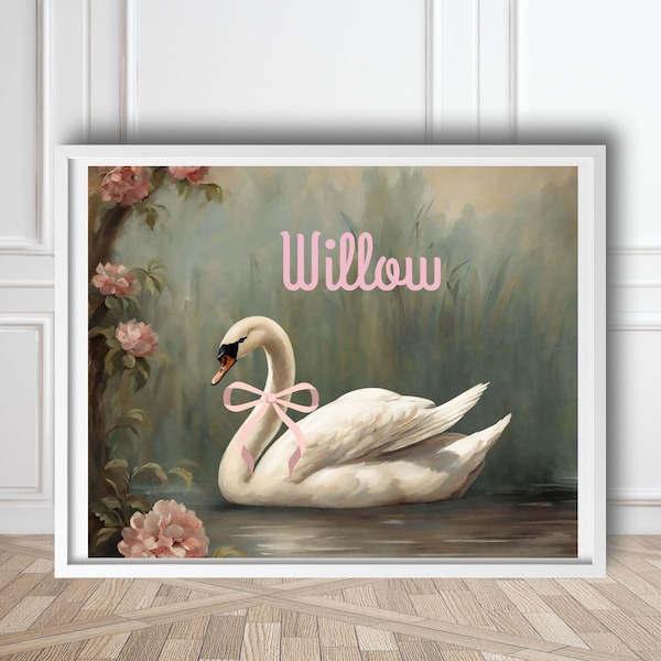 Personalized bow and swan art print /pink girly girl art / grand millennial art/ baby shower gift /pink nursery decor/ coquette room decor