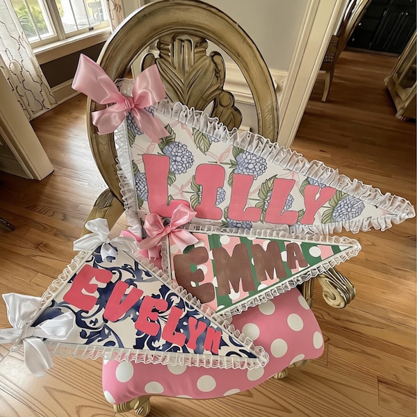 Custom Name Pennant Banner | Coquette Nursery Flag, Preppy Room Decor | College Dorm