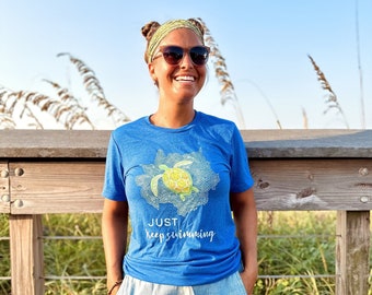 Sea Turtle Tee | Unisex Tri Blend T-shirt | Tri Blend Tee | Unisex Graphic Tee | Hand Drawn Graphic  | "Just Keep Swimming" Quote Tee |