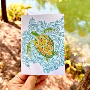 Tartaruga de mar Notecard | cartão ilustrado tartaruga de mar | tartaruga de mar cartão comemorativo | Projeto de tartaruga marinha | Cartão em branco | Ilustração desenhada à mão | Arte Oceânica
