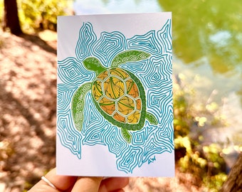 Sea Turtle Notecard | Sea Turtle Illustrated Card | Sea Turtle Card | Sea Turtle Design | Blank Card | Hand Drawn Illustration | Ocean Art