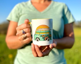 Beach Van Mug | Van Coffee Mug | Beach Coffee Mug | Surf Van Mug | Color Inside Mug | Beach Mug | Ceramic Coffee Mug | Hand Drawn Design