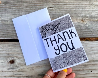 Thank You Notecard | Thank You Card | Hand Drawn Design | Zendoodle Art | Black and White Card | Black and White Notecard | Card Set |