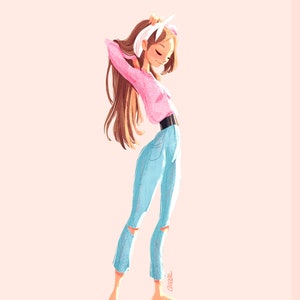 May include: Illustration of a person in a pink sweater, light blue ripped jeans, and a white headband. The person is barefoot and has long brown hair. The background is a light pink color.