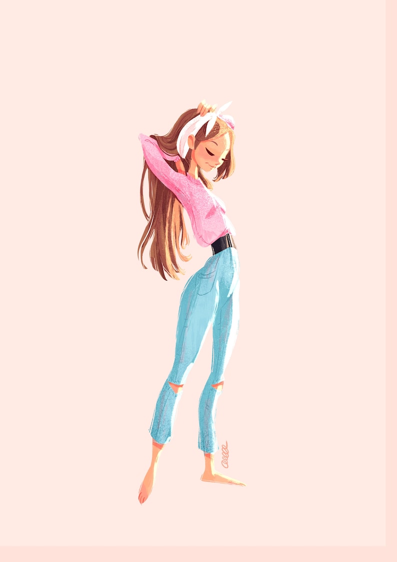 May include: Illustration of a person in a pink sweater, light blue ripped jeans, and a white headband. The person is barefoot and has long brown hair. The background is a light pink color.