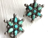 Old Zuni Needlepoint Turquoise Starburst Sterling Silver Screw Back Earrings c1940 Petit Point Gorgeous Natural Stones_ One crack but firm