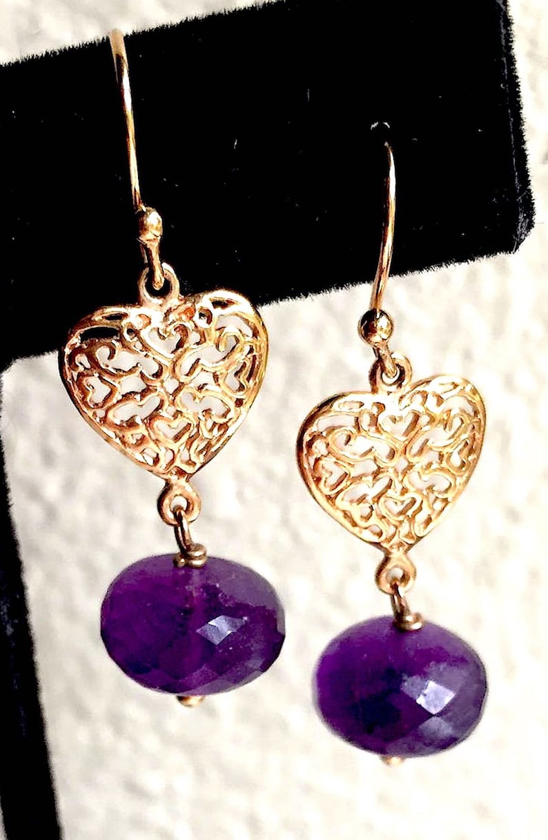 Amethyst Heart Earring 22 Karat Gold Plated Filigree Classic Vintage Dangle Earrings ~ Faceted Amethyst Beads ~ Gold Plated Hooks