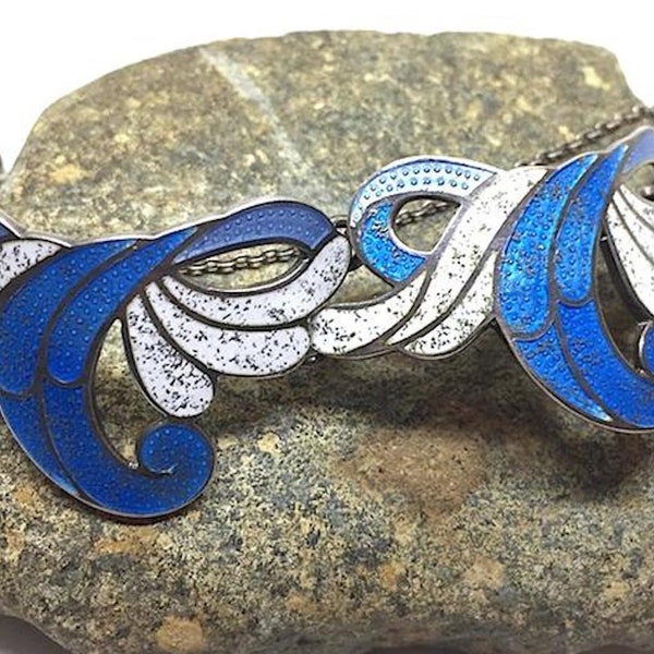 Margot de Taxco Enamel Bracelet Blue Waves- Mexican Sterling Silver & Champlevé Enamel - Vintage 1950s Taxco Blue Ocean Waves - Signed